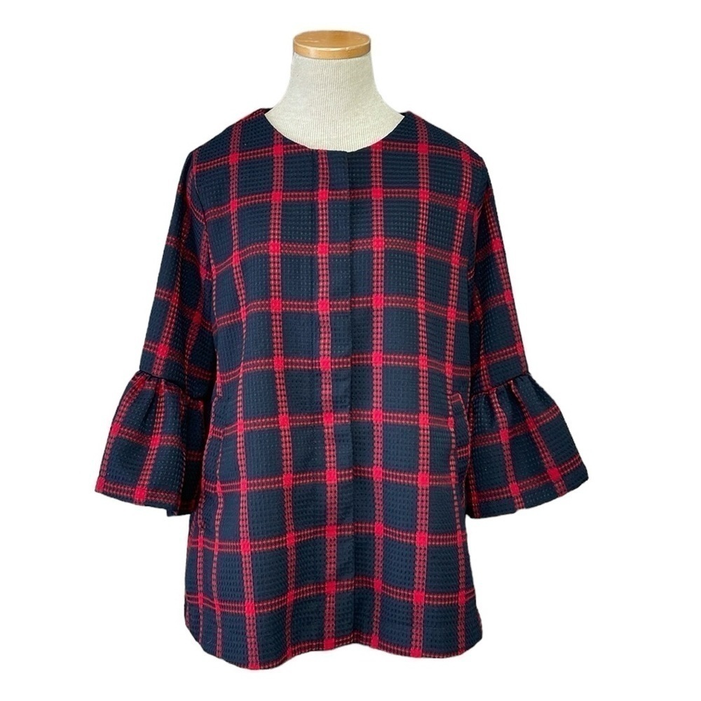 Entro Jacket Women's M Medium Blue Red Plaid Flare Sleeves Waffle Full Zip
